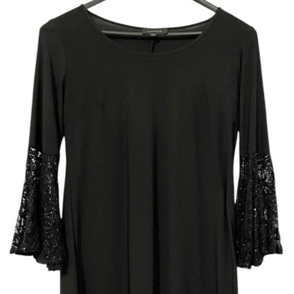 Black Cocktail Party Dress with Sheer Sequins Bell Sleeves Size 8 - Picture 2 of 4